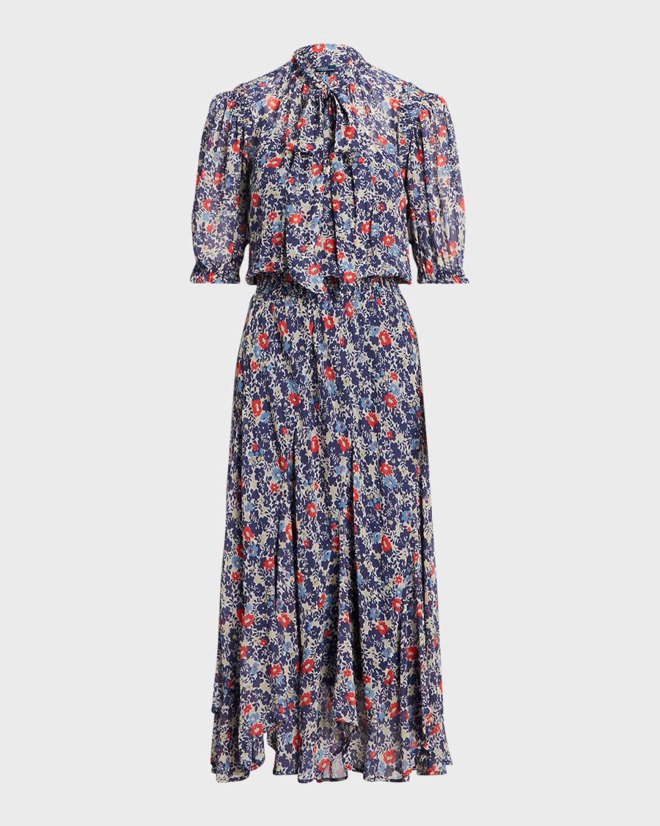 Floral Tie-Neck Georgette Midi Dress